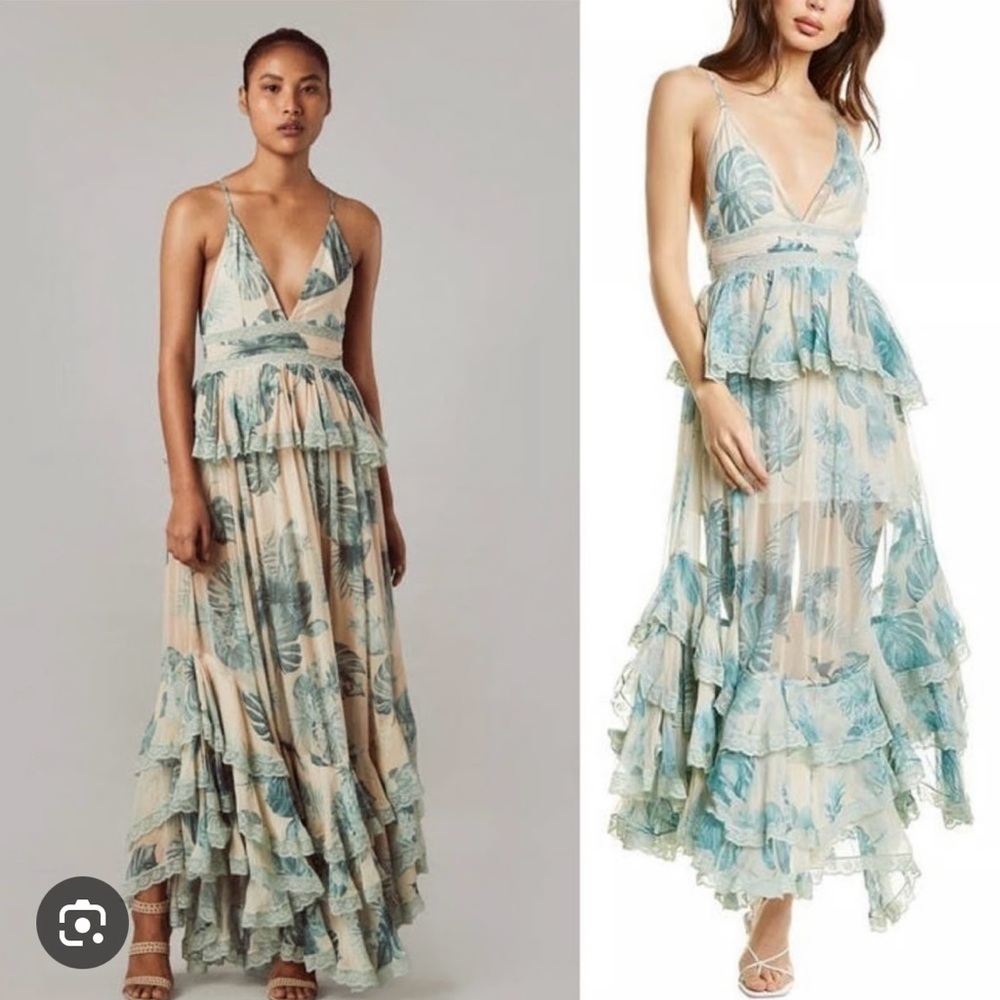 Rococo Sand Blue Cream Asymmetrical Ruffled Maxi Dress